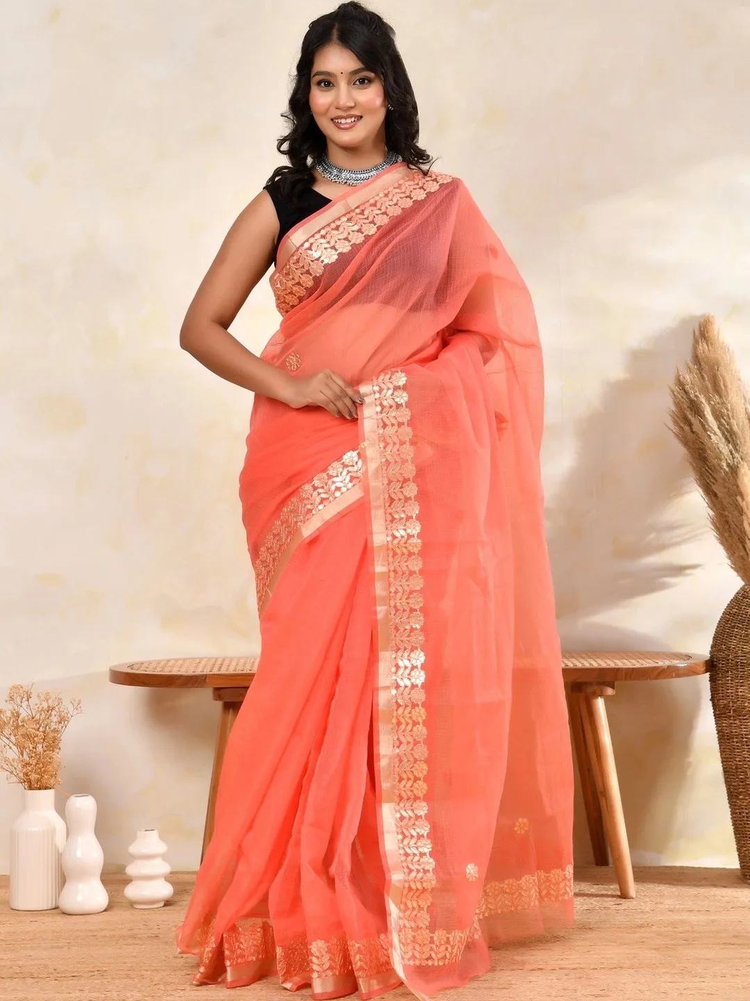 Peach Kota Doria Zari Saree