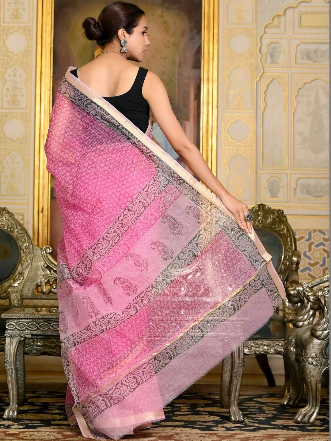 Pink Kota Doria block print saree — back view