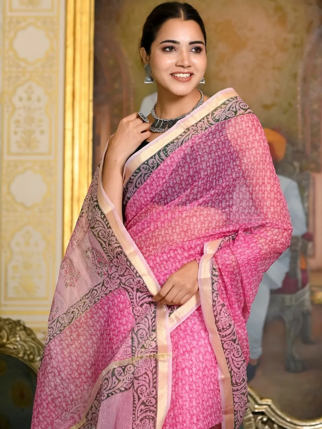 Pink Kota Doria block print saree — front drape