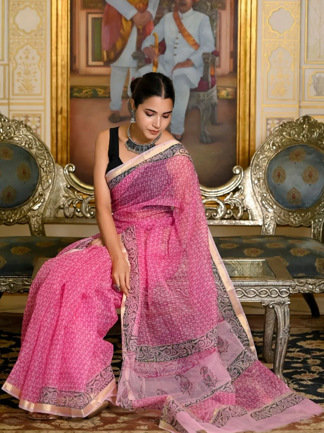 Pink Kota Doria block print saree — side view