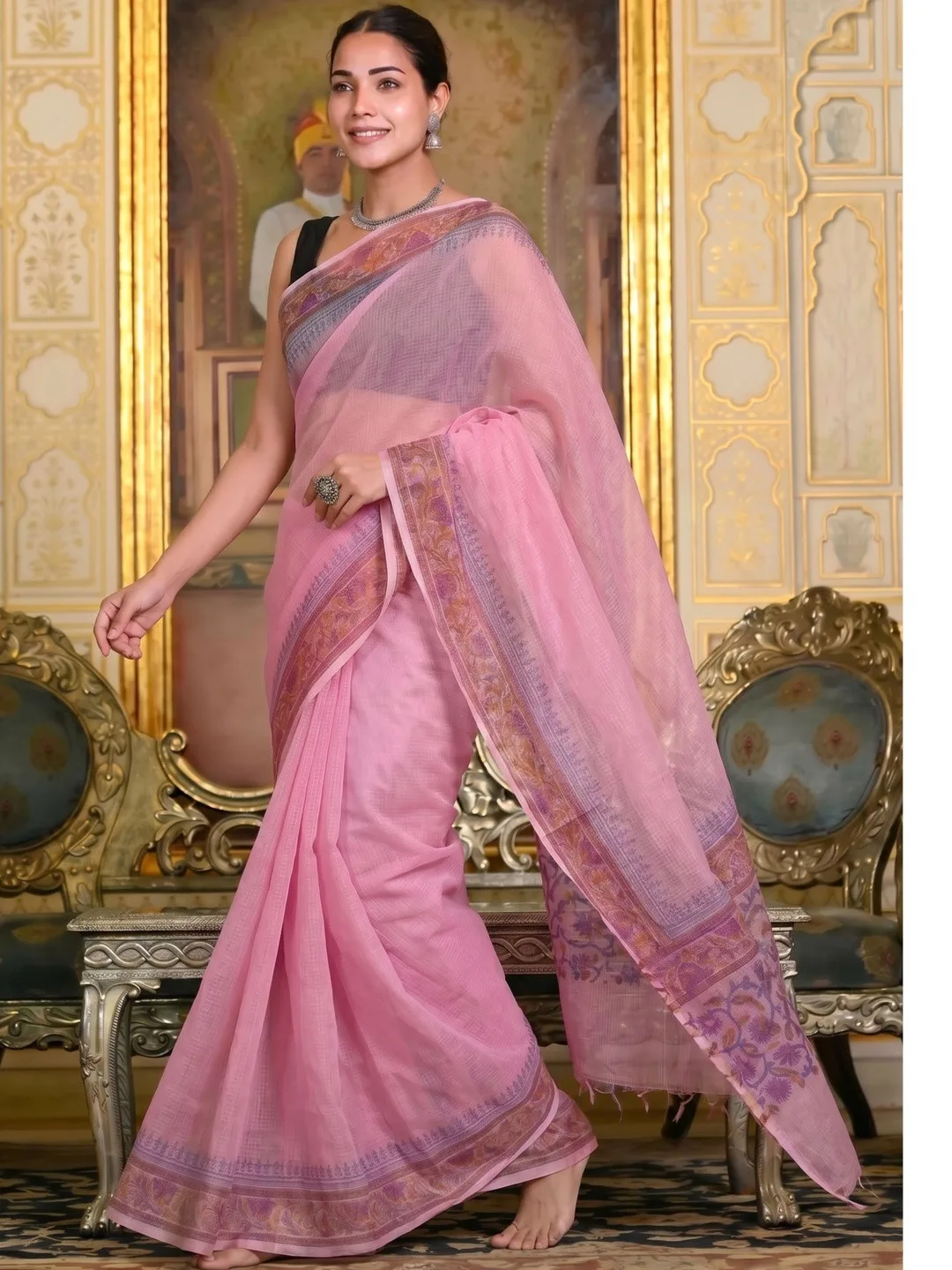 Pink Kota Doria ethnic motifs saree — back