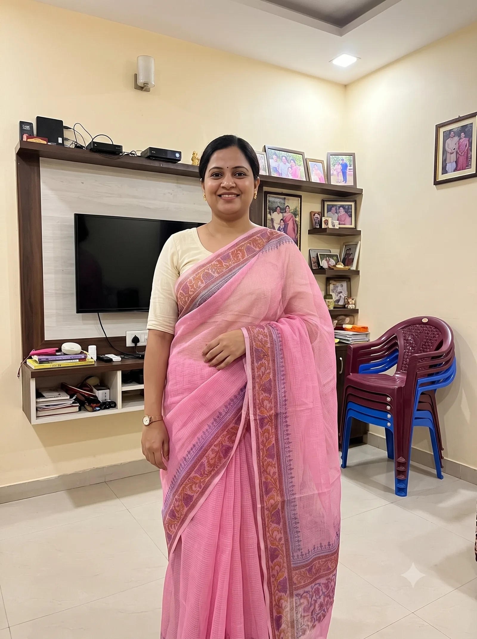 Customer wearing pink ethnic motifs saree