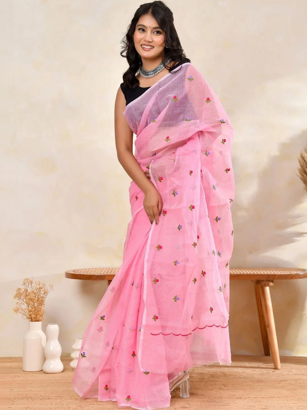Pink Kota Doria floral embroidered saree — front drape