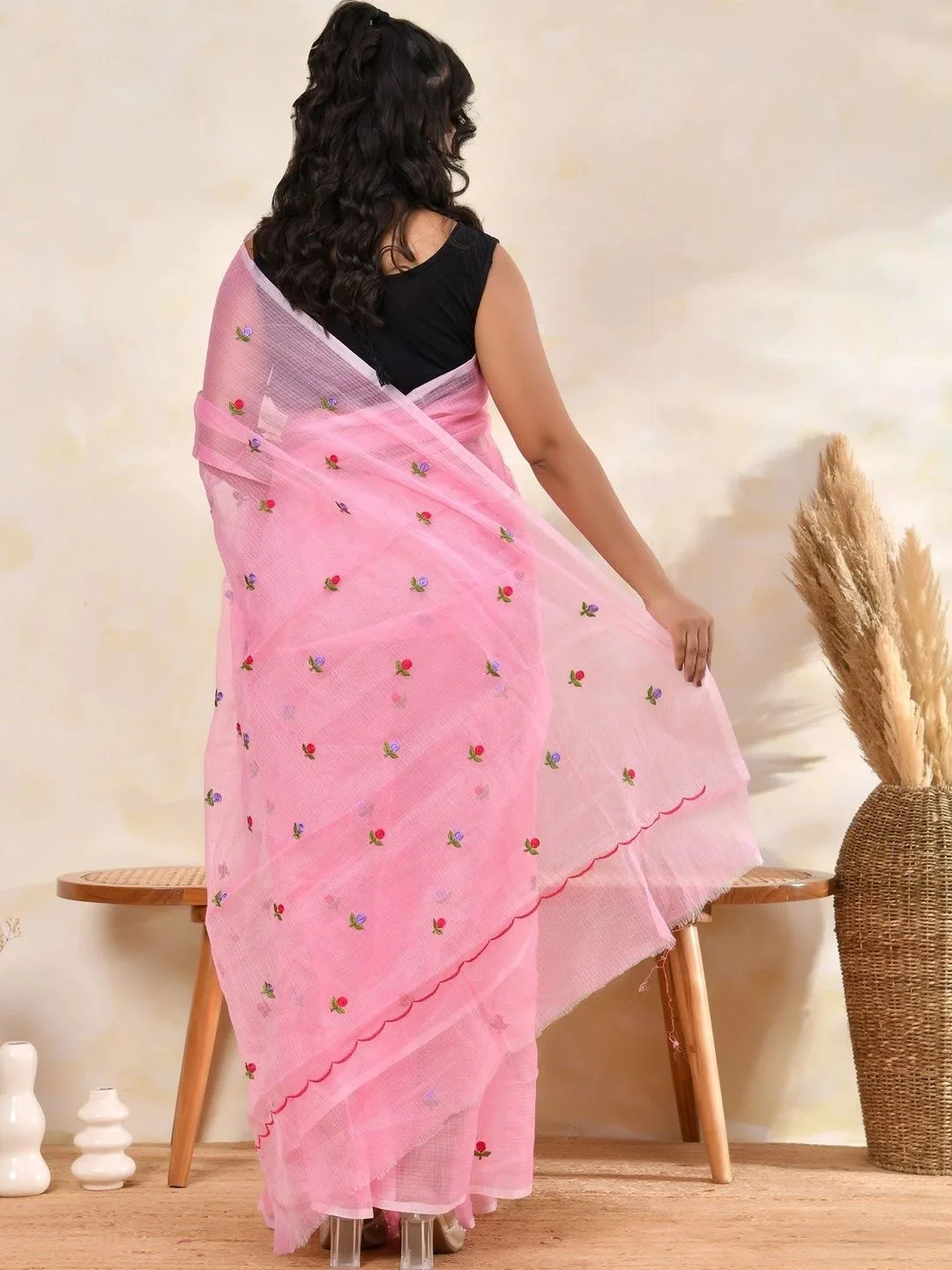 Pink Kota Doria floral embroidered saree — back drape