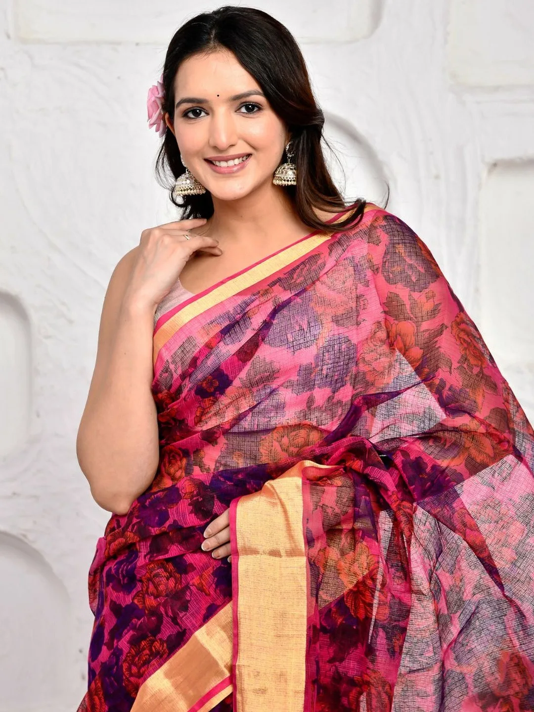 Pink Kota Doria floral printed saree — back