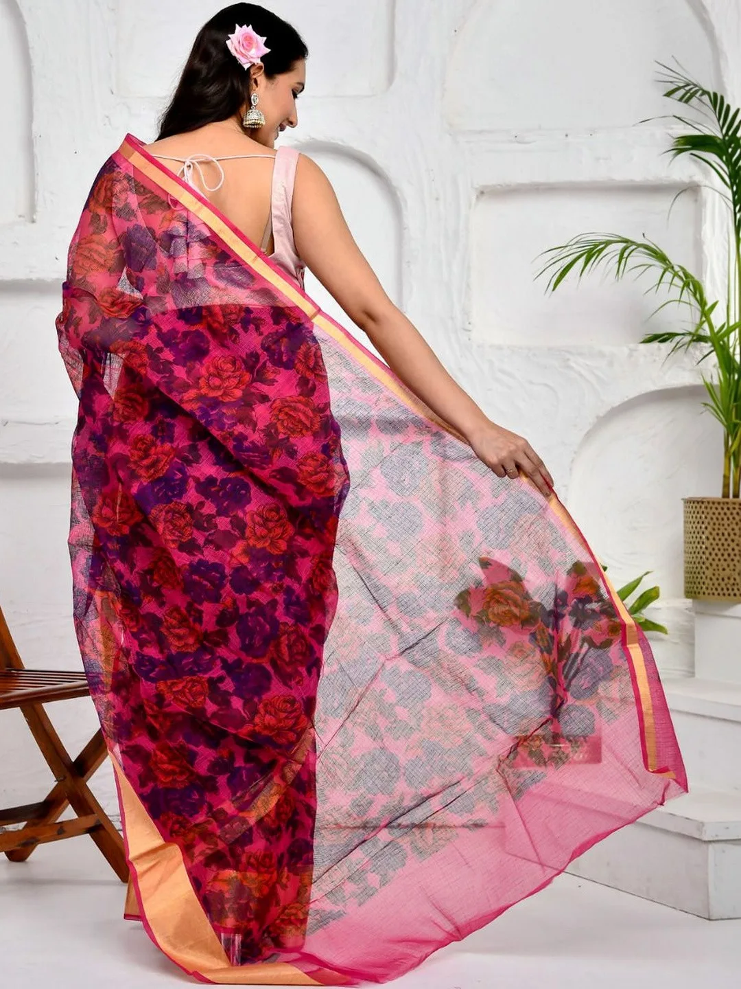Pink Kota Doria floral printed saree — drape