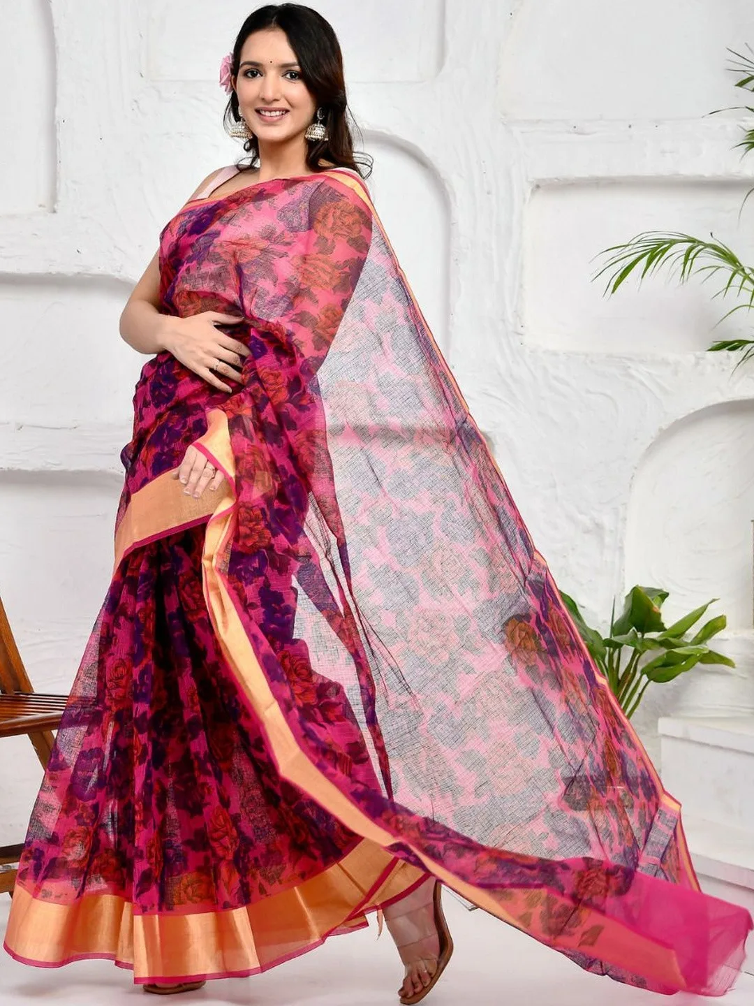 Pink Kota Doria Floral Printed Saree