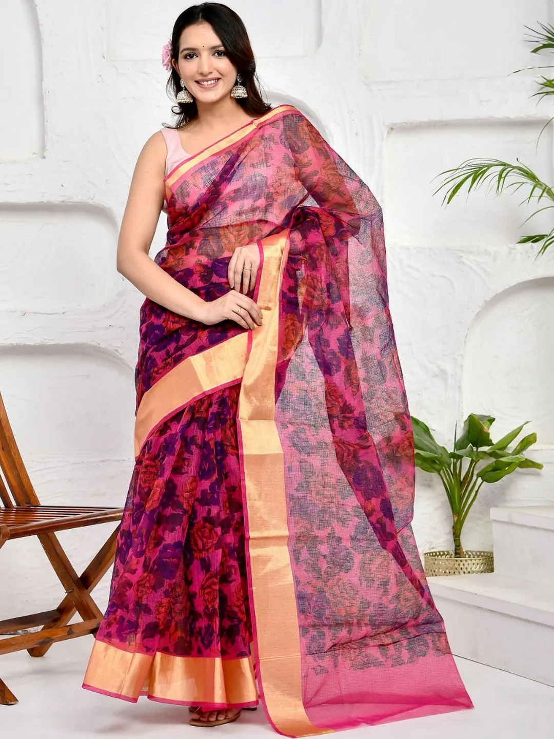 Pink Kota Doria floral printed saree — side