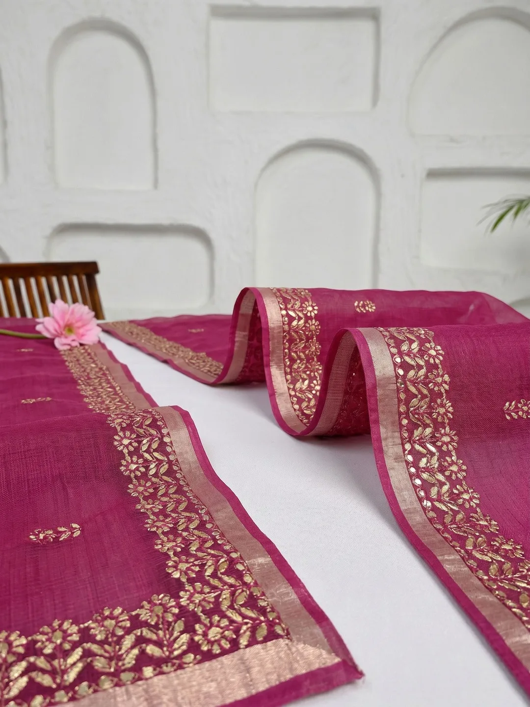 Pink Kota Doria gota patti saree — detail