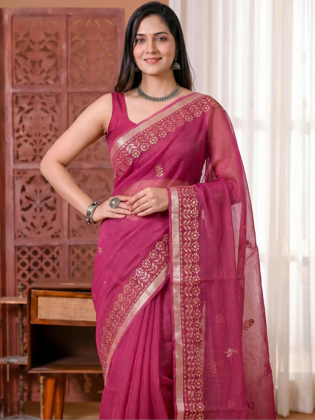 Pink polycotton Kota Doria gota patti saree — front drape