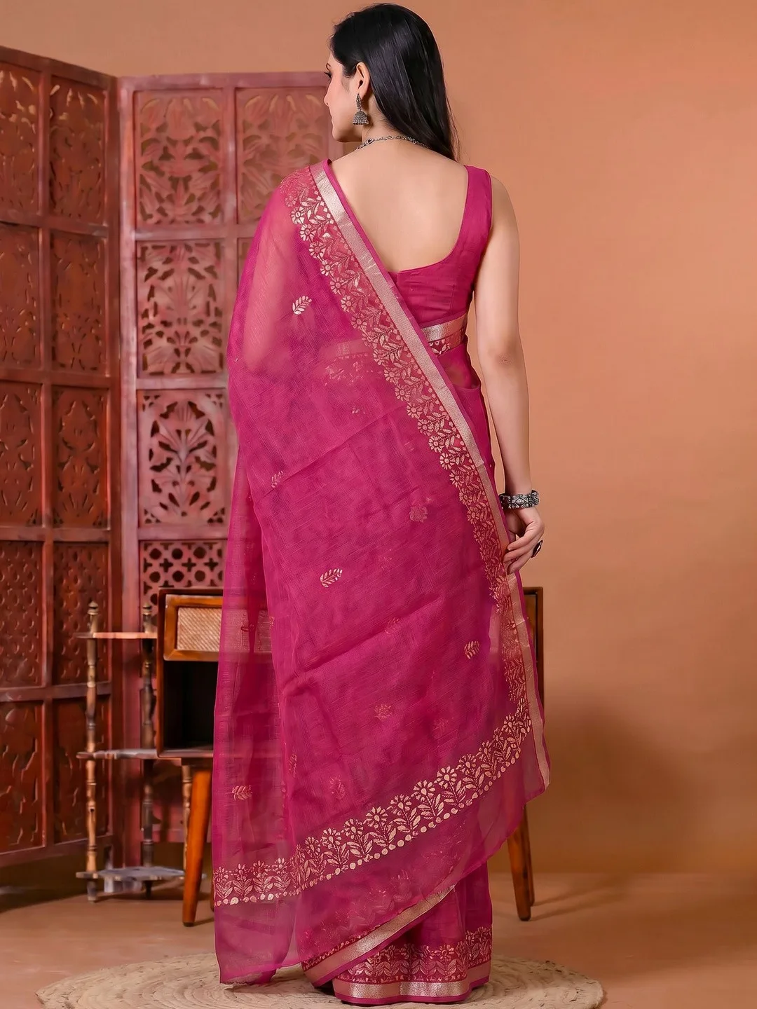 Pink Kota Doria gota patti saree — side view