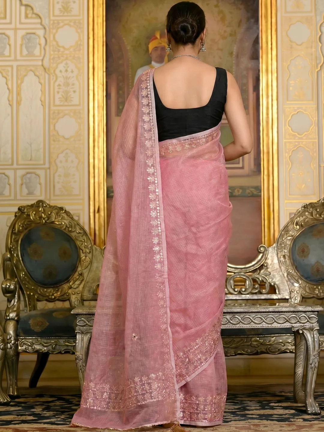 Pink Kota Doria heavy work saree — back view