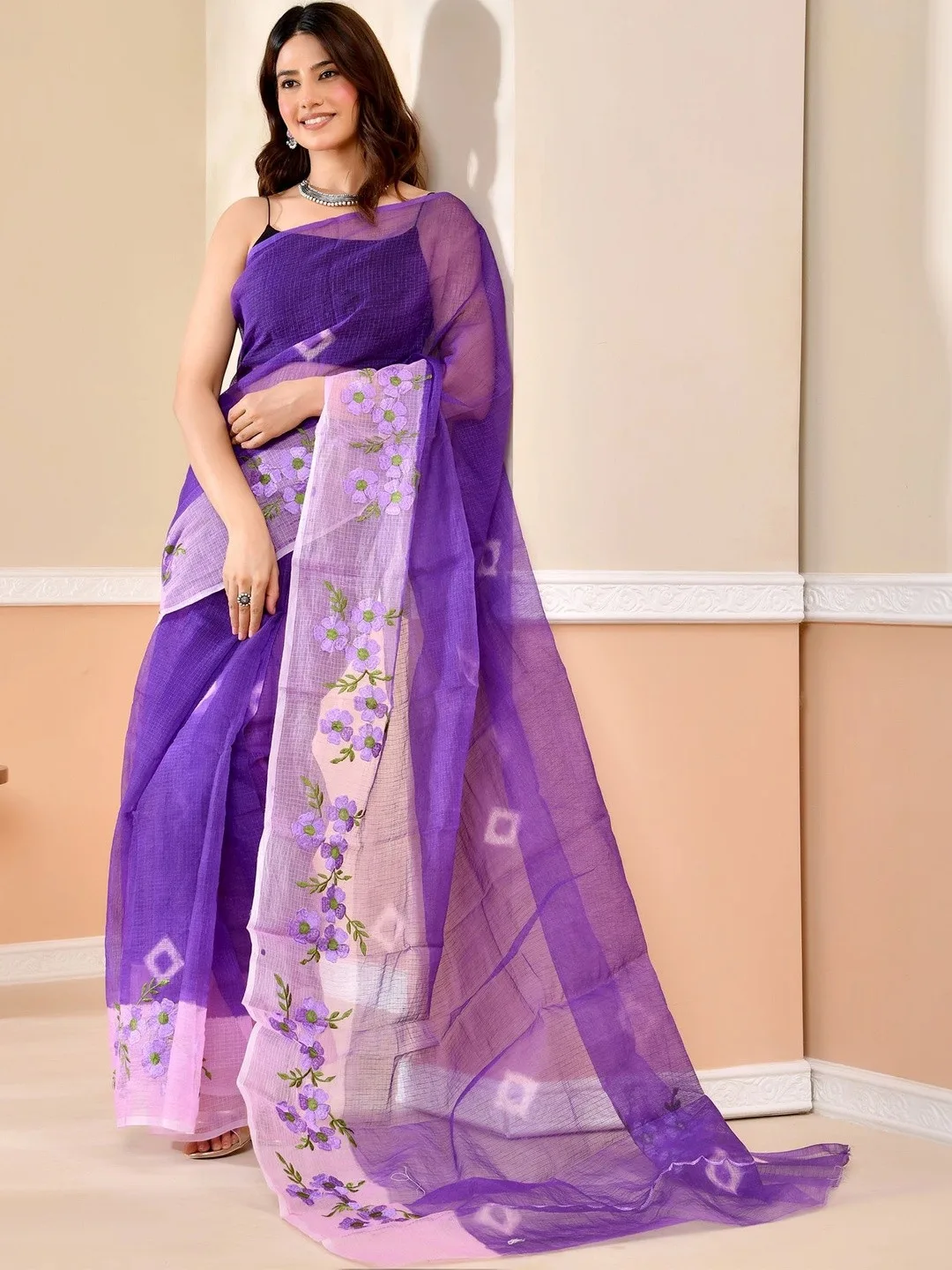 Purple Kota Doria floral embroidered saree — drape