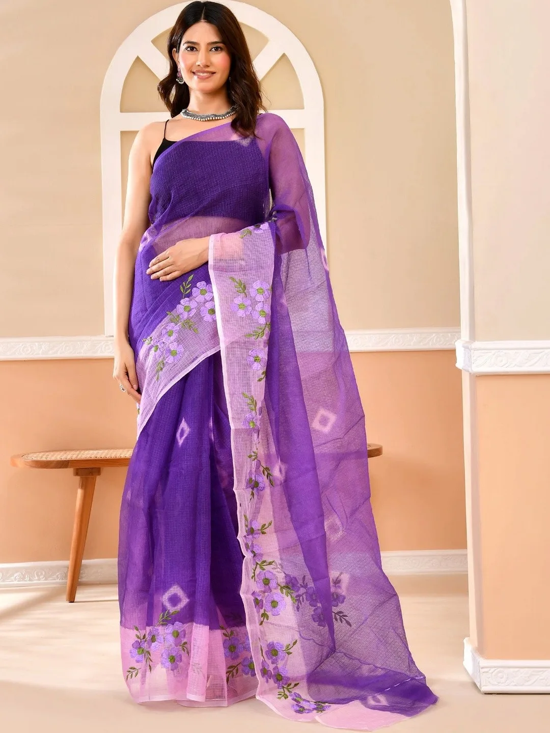 Purple Kota Doria Floral Embroidered Saree