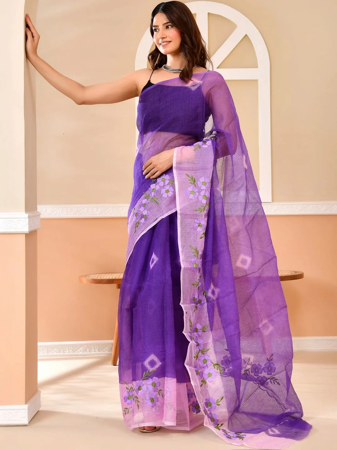 Purple Kota Doria floral embroidered saree — side