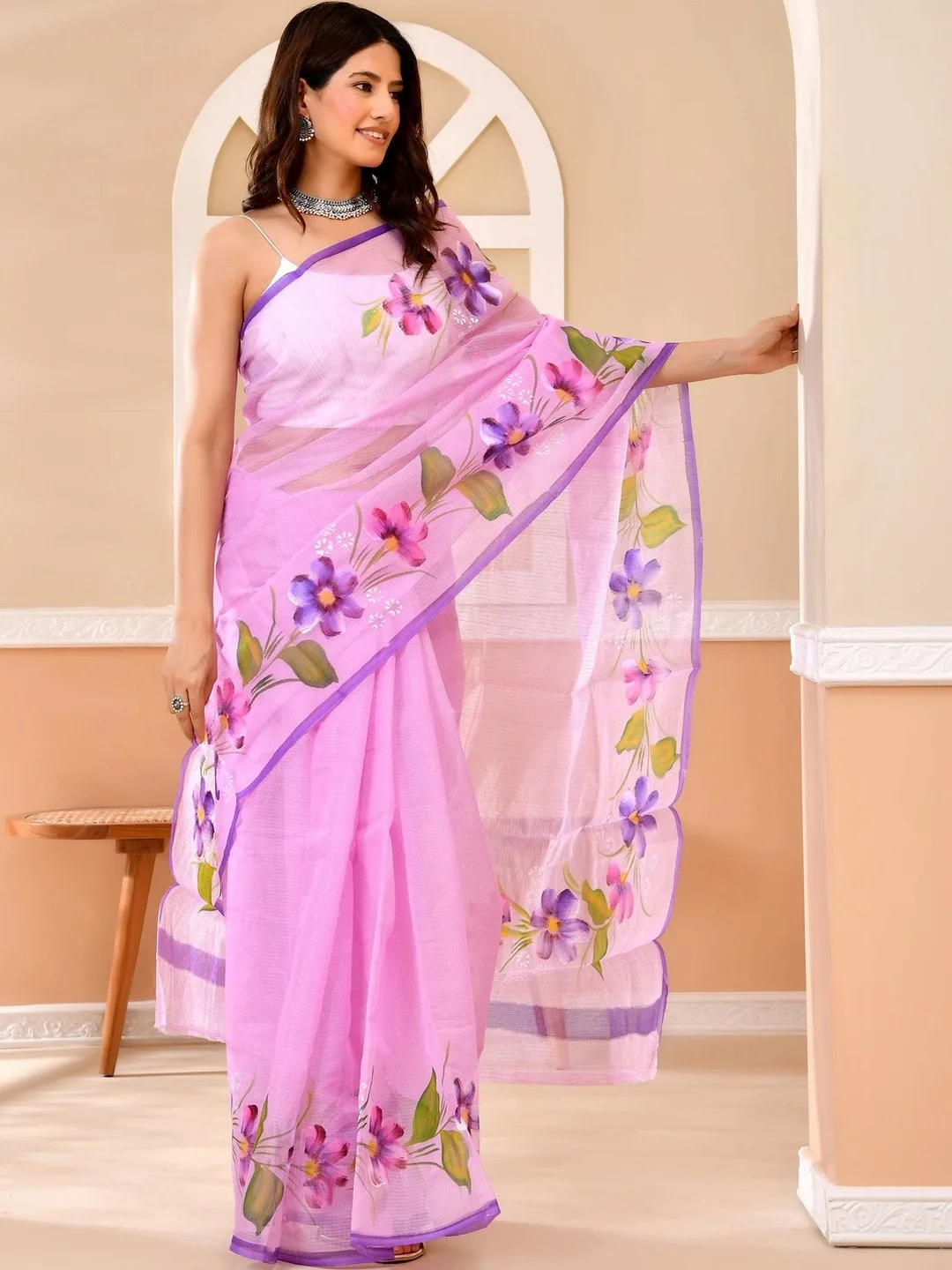 Purple Kota Doria floral printed saree — back