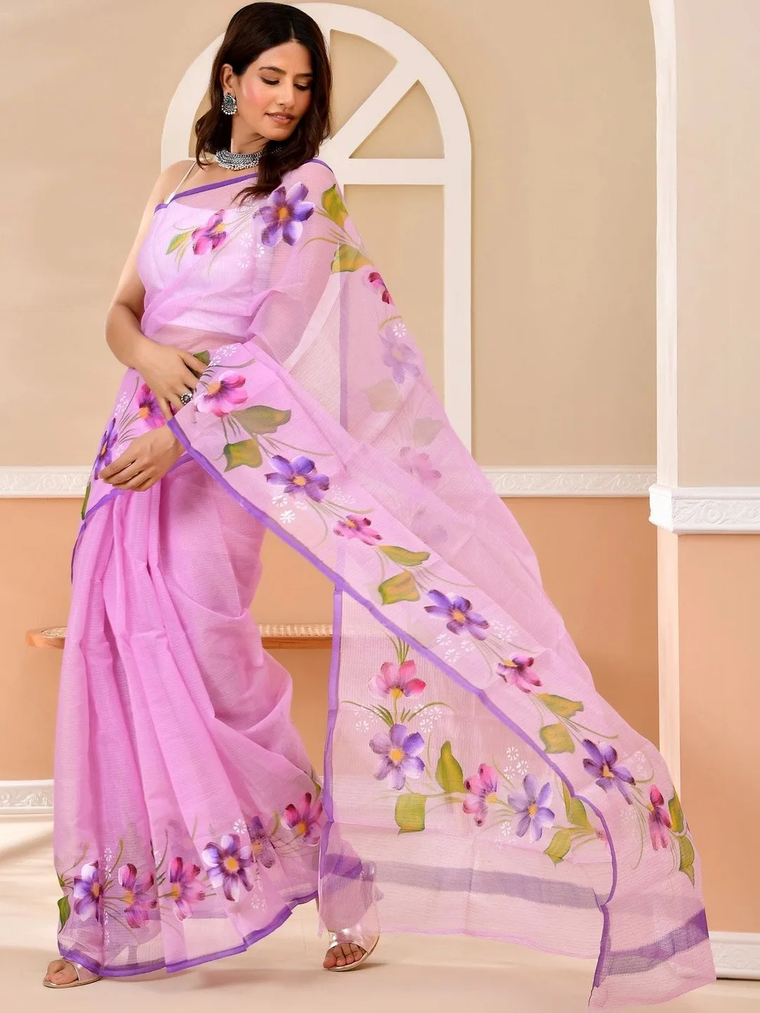 Purple Kota Doria floral printed saree — drape