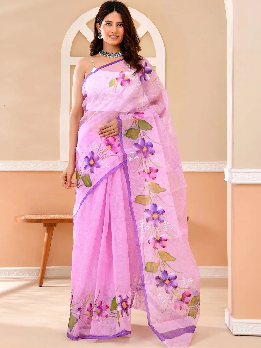 Purple Kota Doria Floral Printed Saree