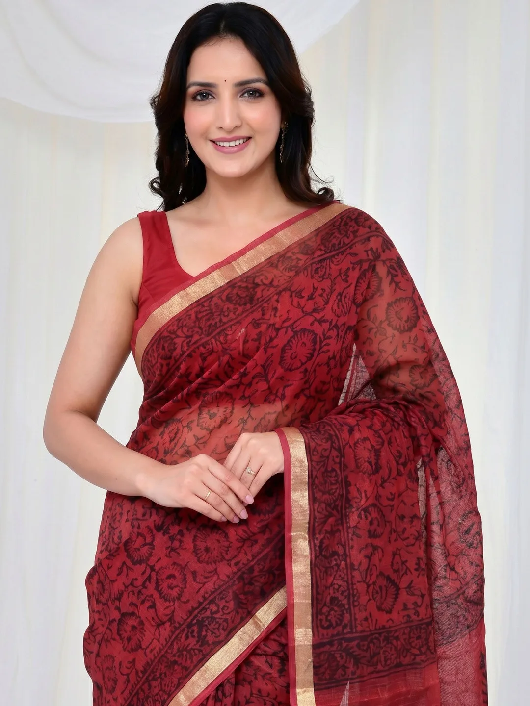 Red Kota Doria ethnic motifs saree — back