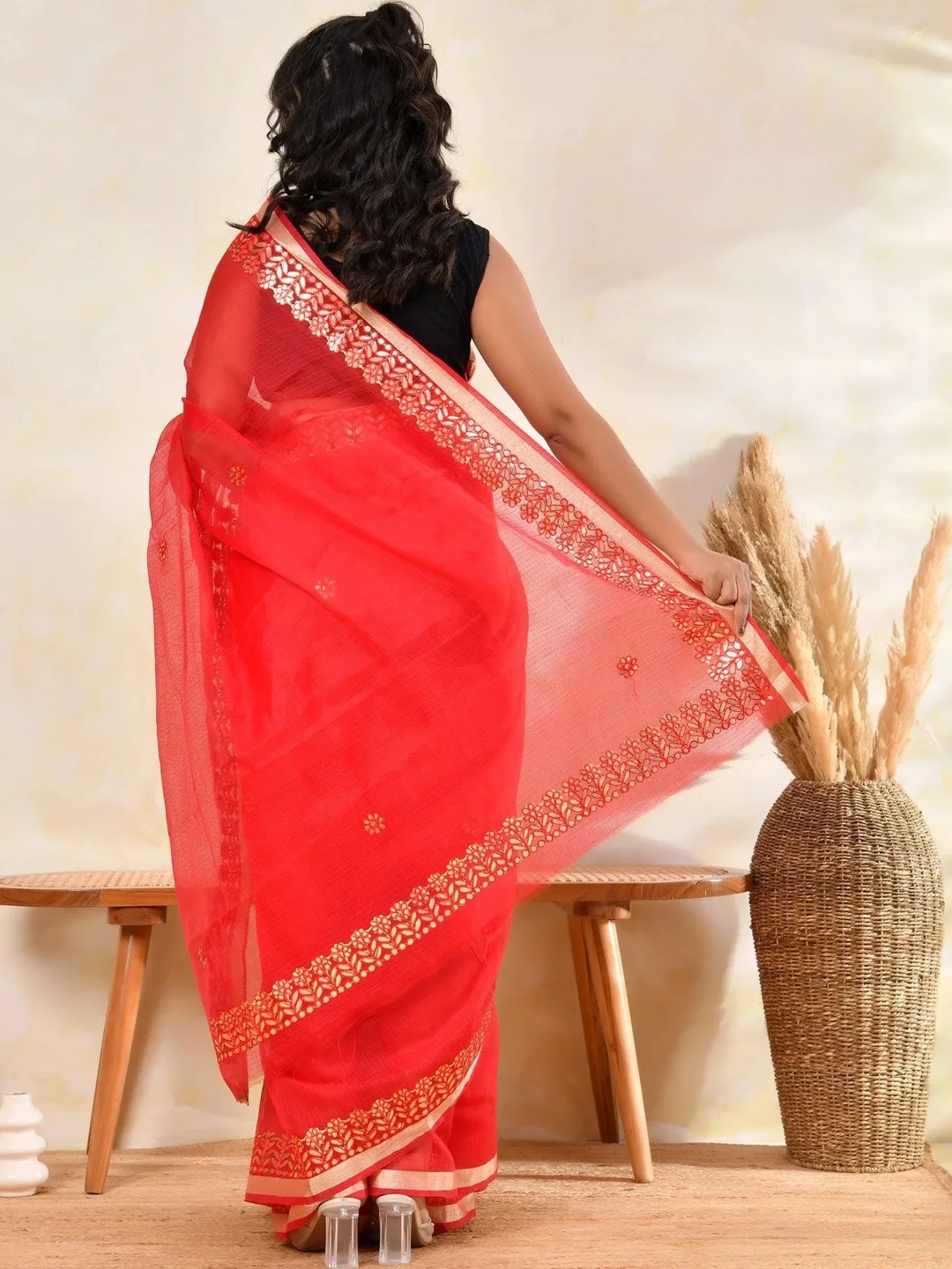 Red Kota Doria gota patti saree with zari border — back