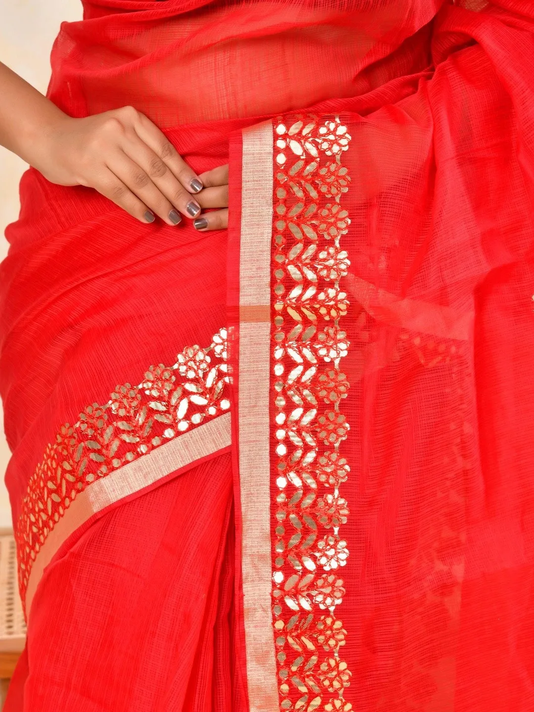Gota patti and zari border on red Kota Doria — detail