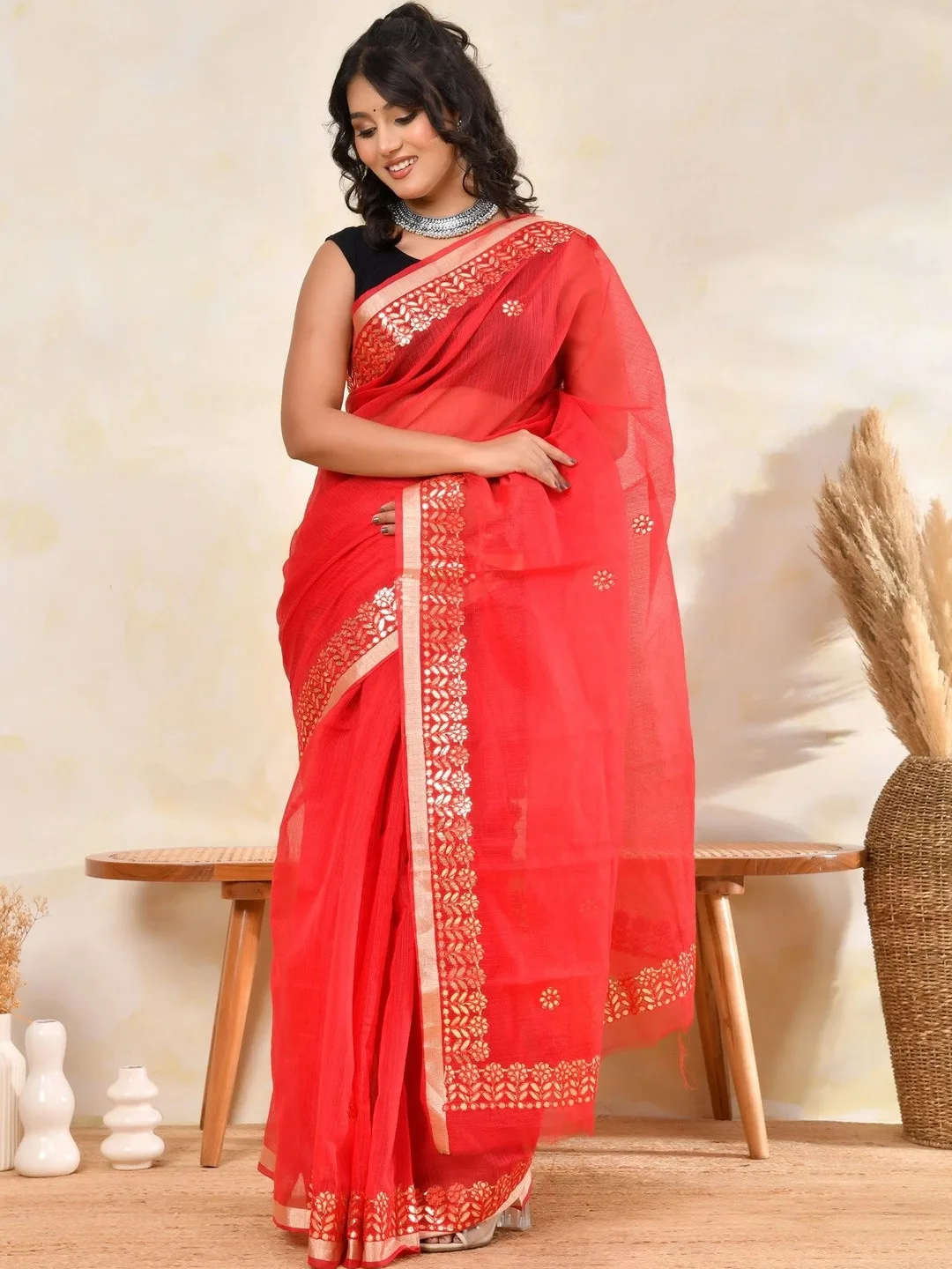 Red Kota Doria gota patti saree with zari border — drape