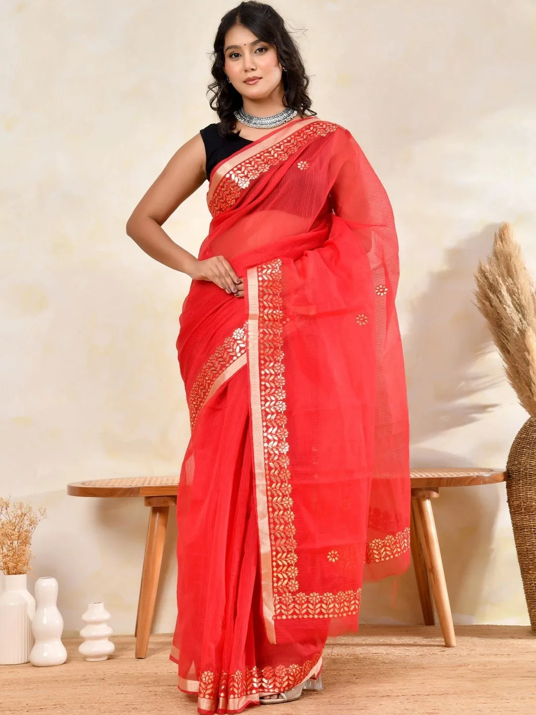 Red Kota Doria Gota Patti Saree with Zari Border