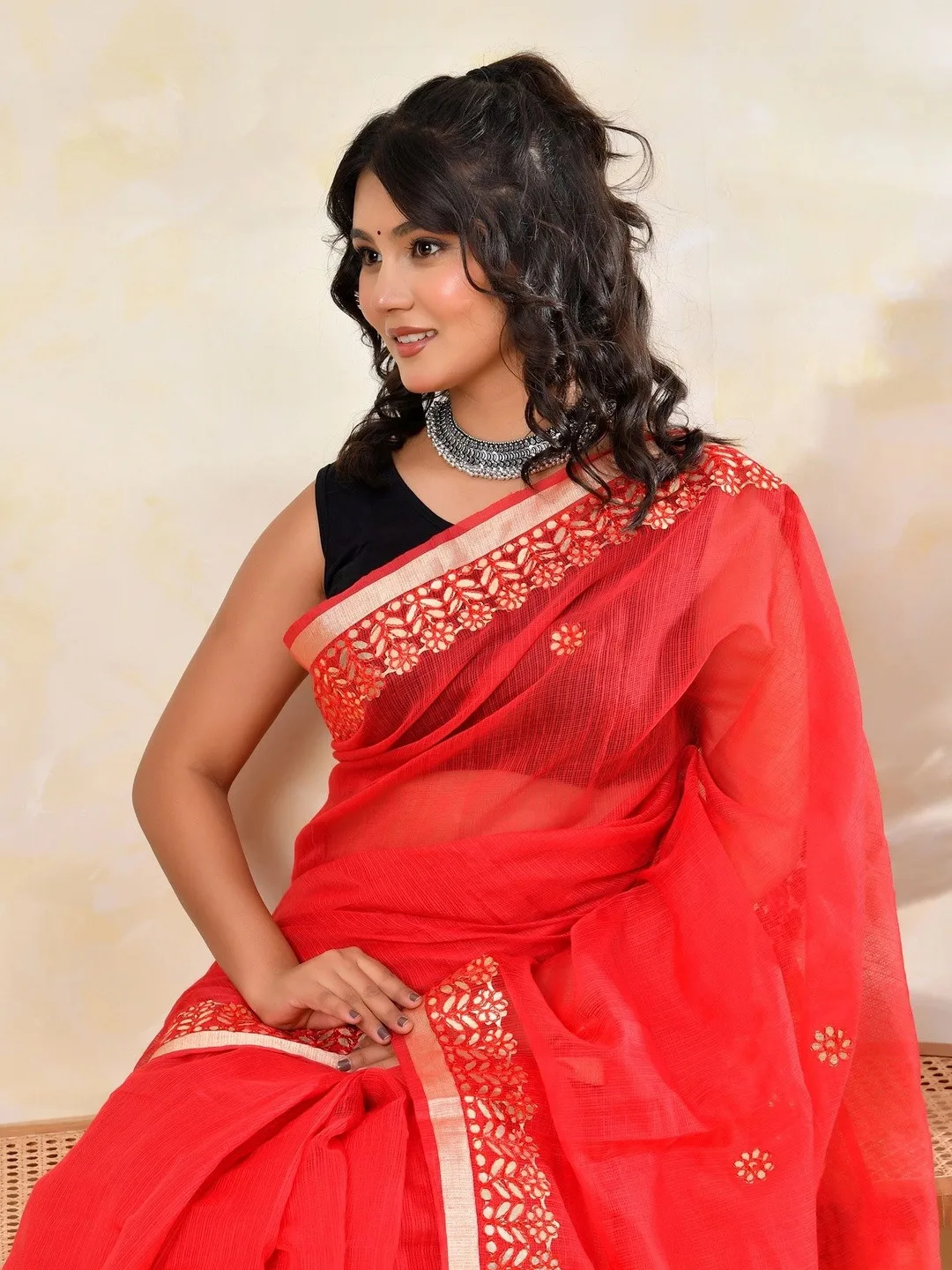 Red Kota Doria gota patti saree with zari border — side