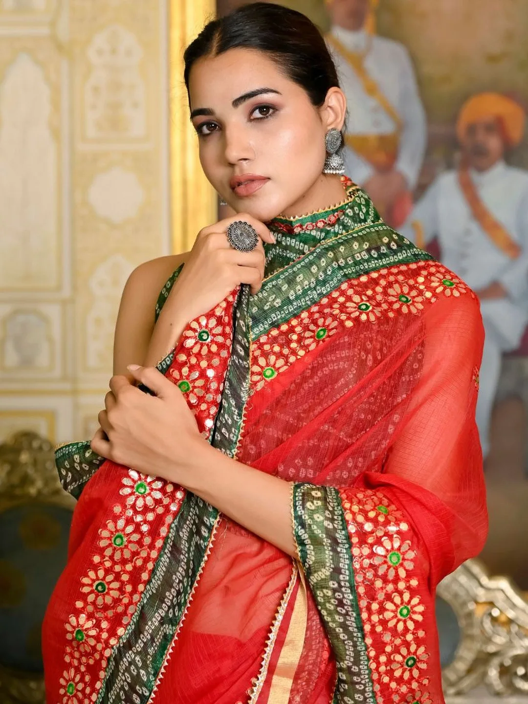 Red Kota Doria gota patti saree — front drape
