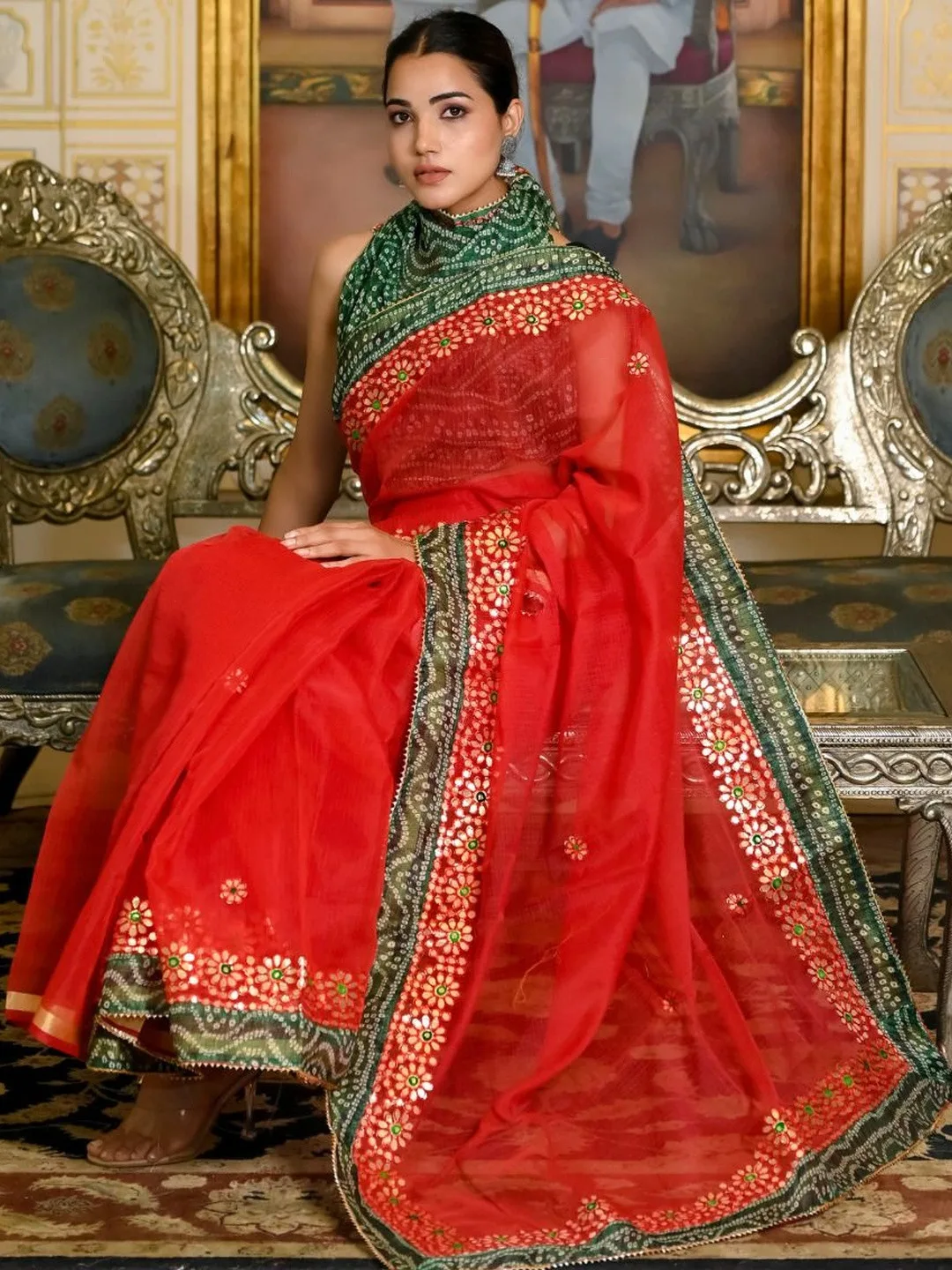 Kota Doria Gota Patti Saree with Bandhani Border