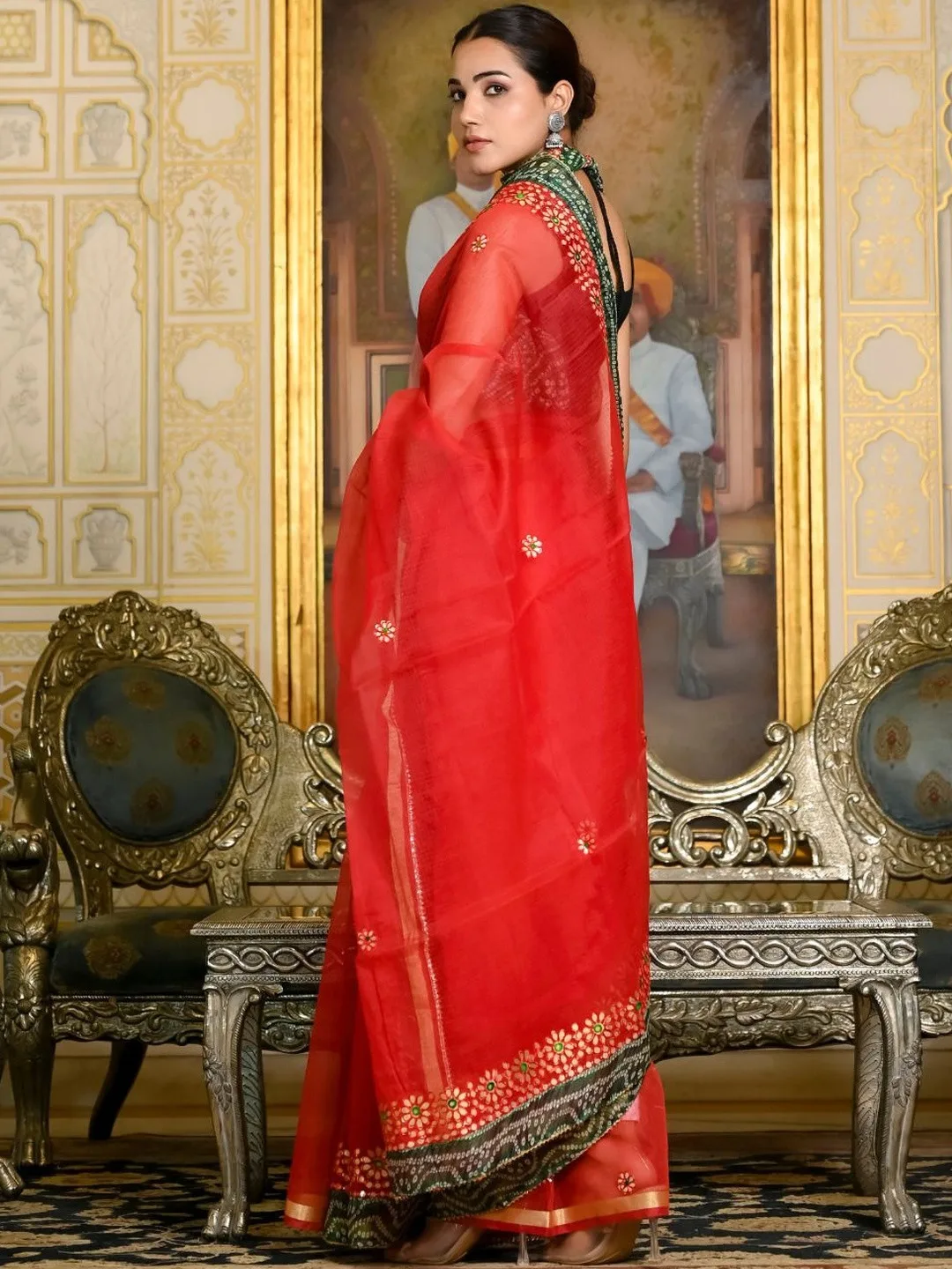 Red Kota Doria gota patti saree — side view