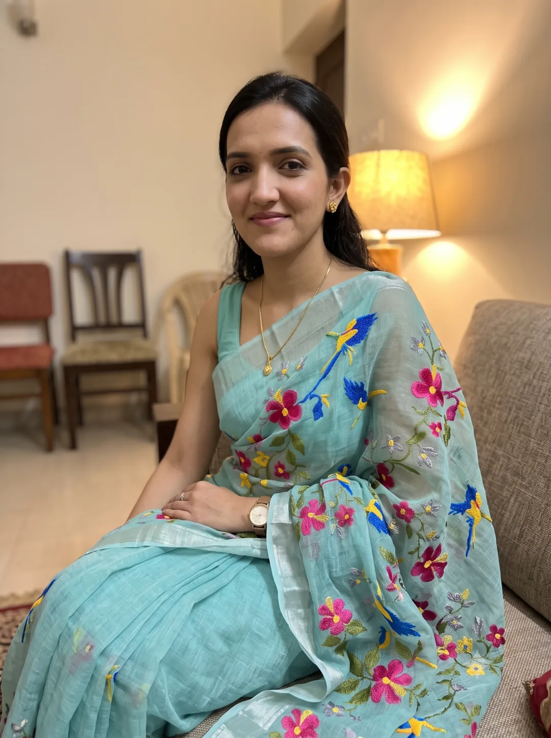 Customer wearing Sea Green Kota Doria Floral Embroidered Saree