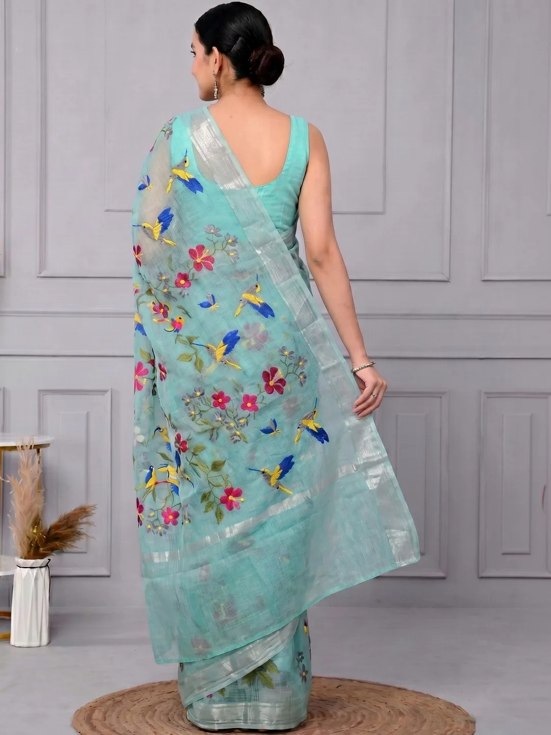 Sea green Kota Doria floral embroidered saree — back