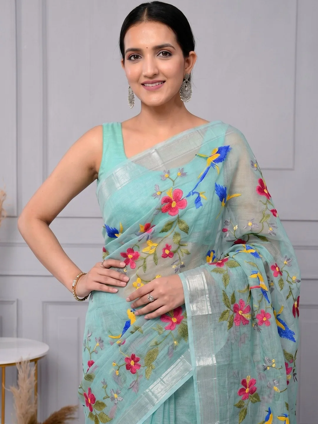 Sea green Kota Doria floral embroidered saree — drape