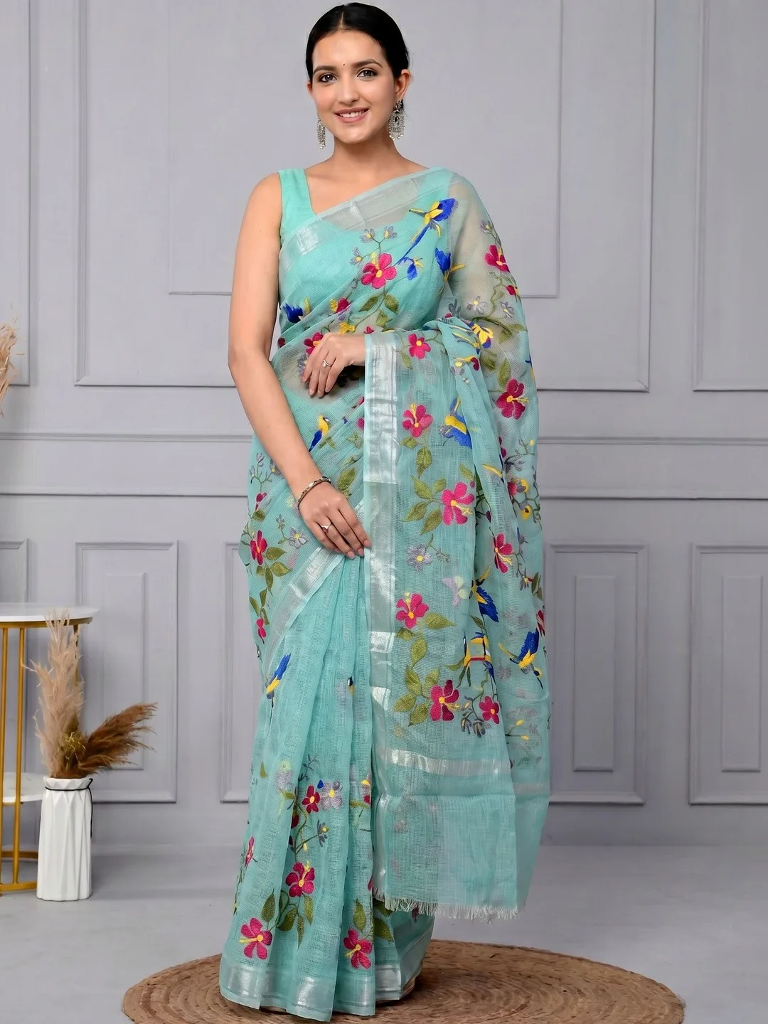 Sea Green Kota Doria Floral Embroidered Saree