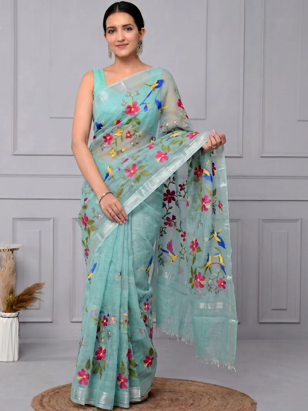 Sea green Kota Doria floral embroidered saree — side