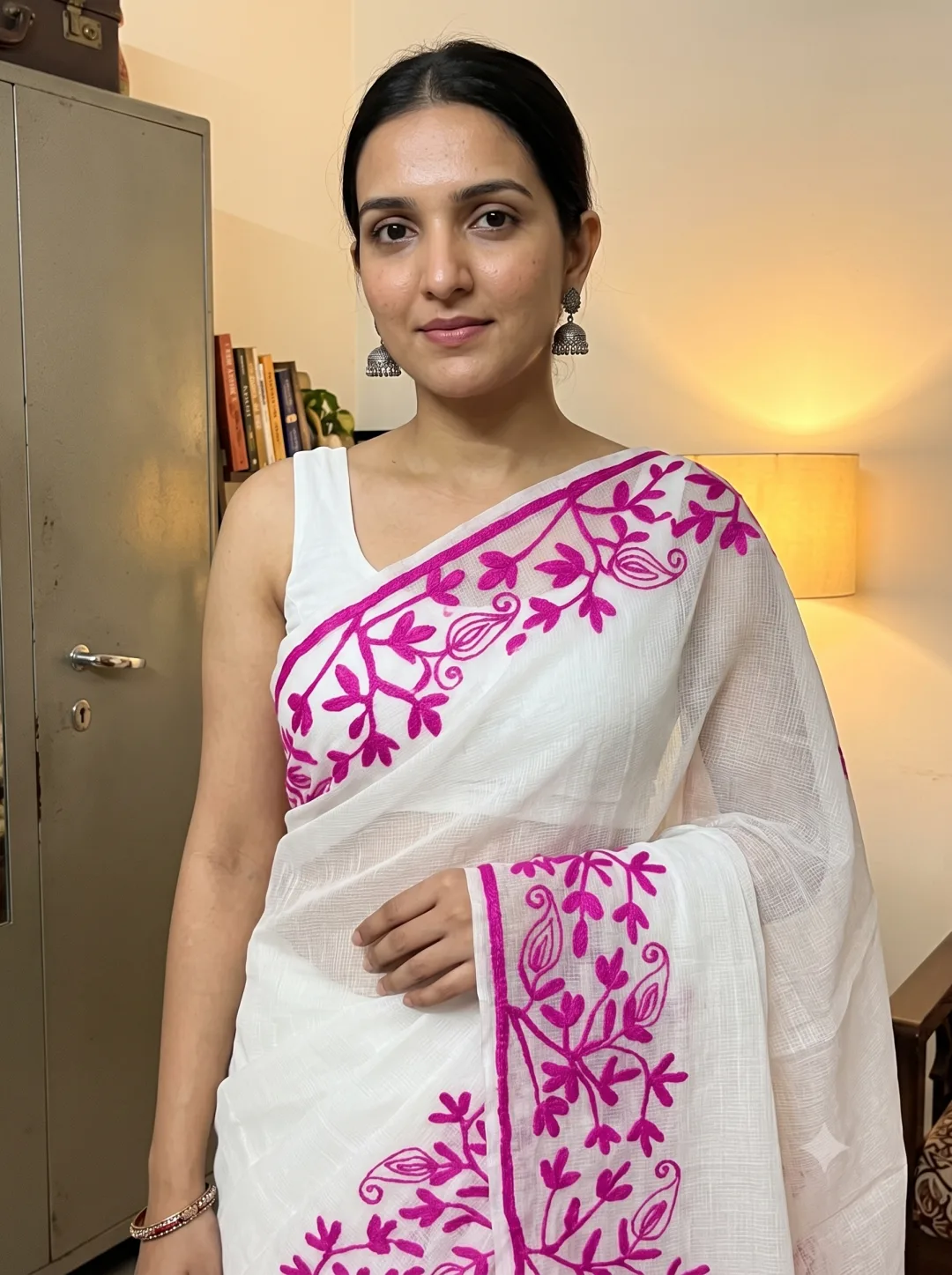 Customer wearing White Kota Doria Ethnic Motifs Embroidered Saree