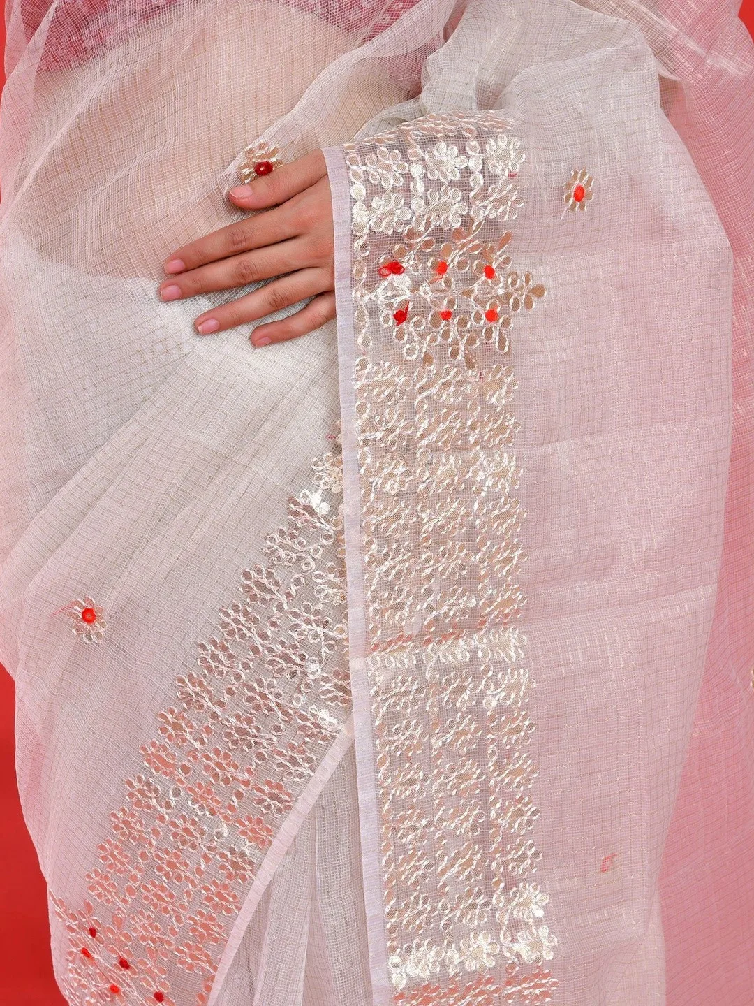 Gota patti and embellished border on white Kota Doria — detail