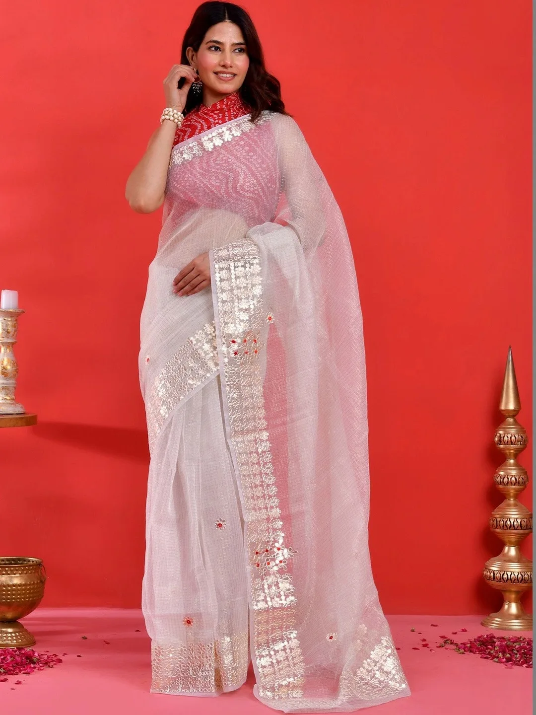 White Kota Doria Gota Patti Saree