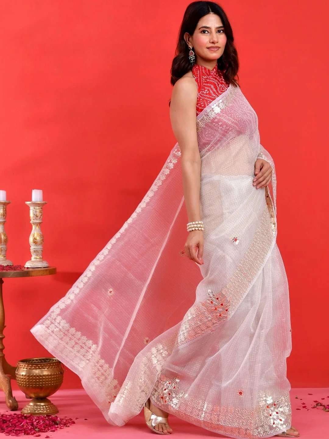 White Kota Doria gota patti saree — side