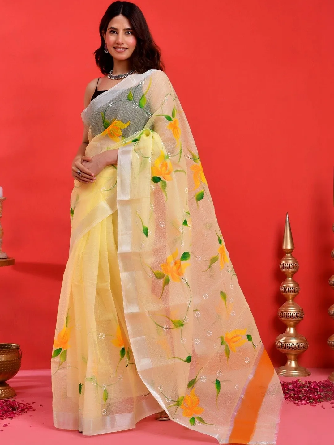Yellow Kota Doria floral printed saree — drape