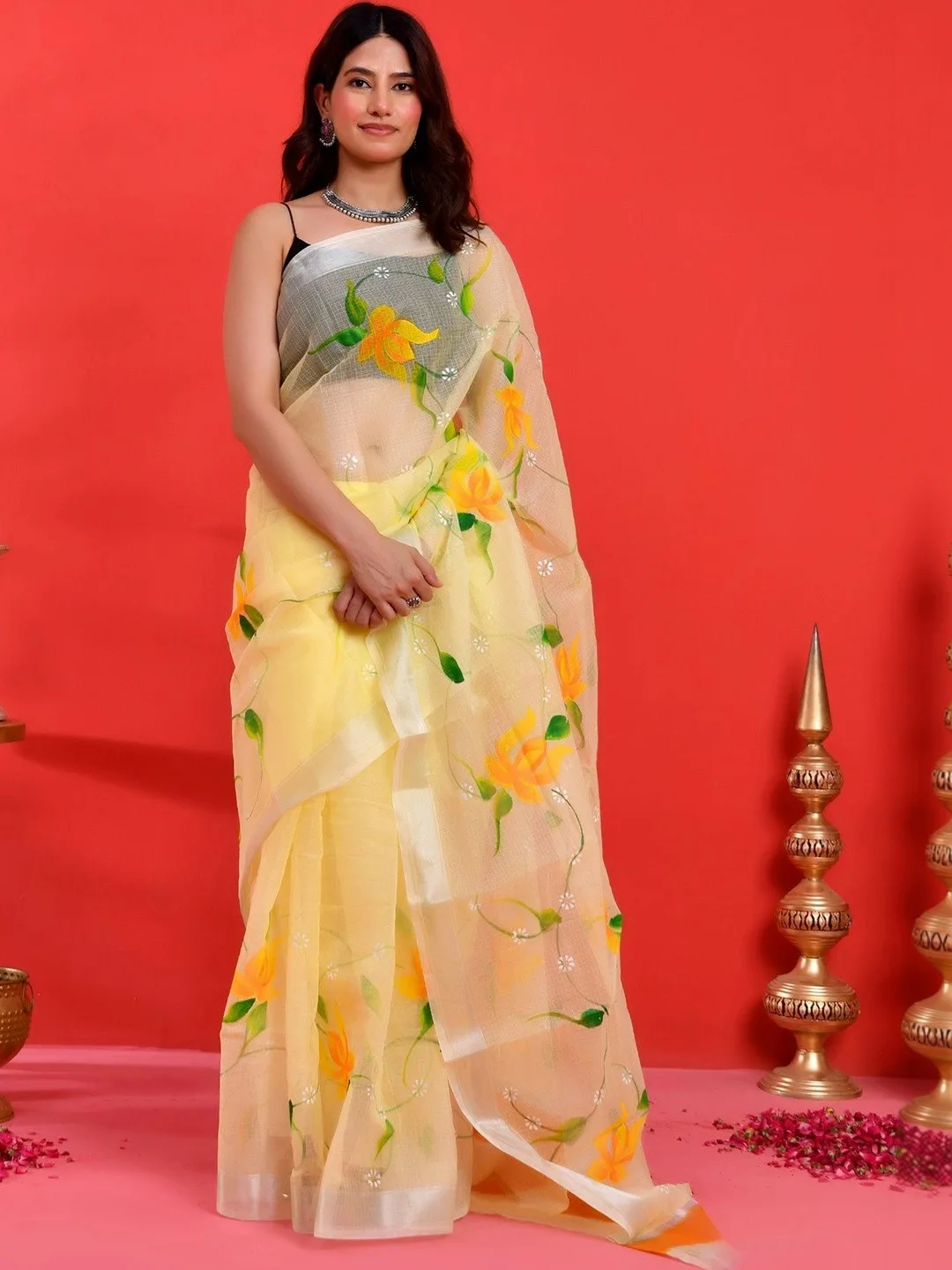 Yellow Kota Doria Floral Printed Saree