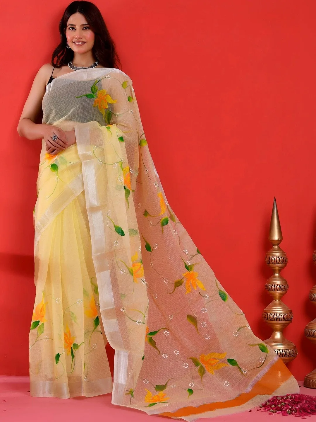 Yellow Kota Doria floral printed saree — side