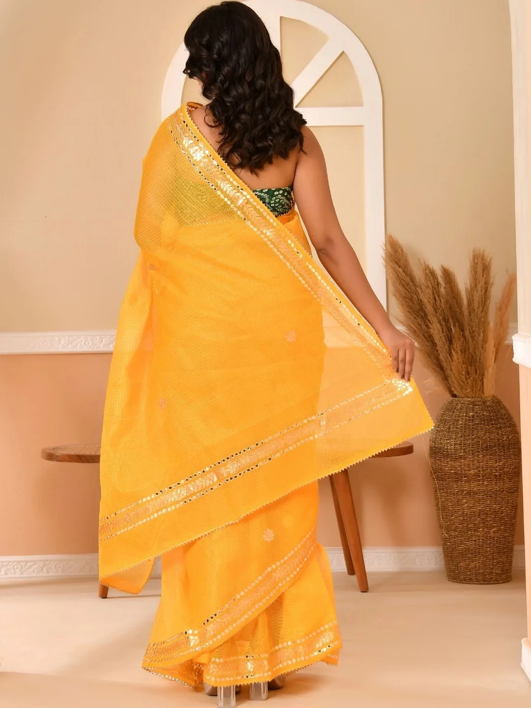 Yellow Kota Doria gota patti saree — back