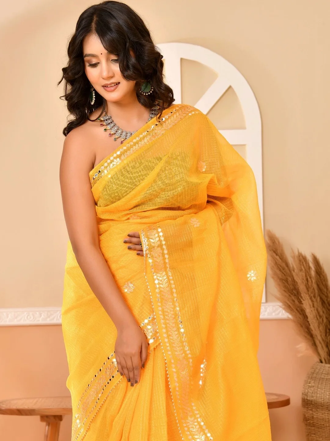 Yellow Kota Doria gota patti saree — drape
