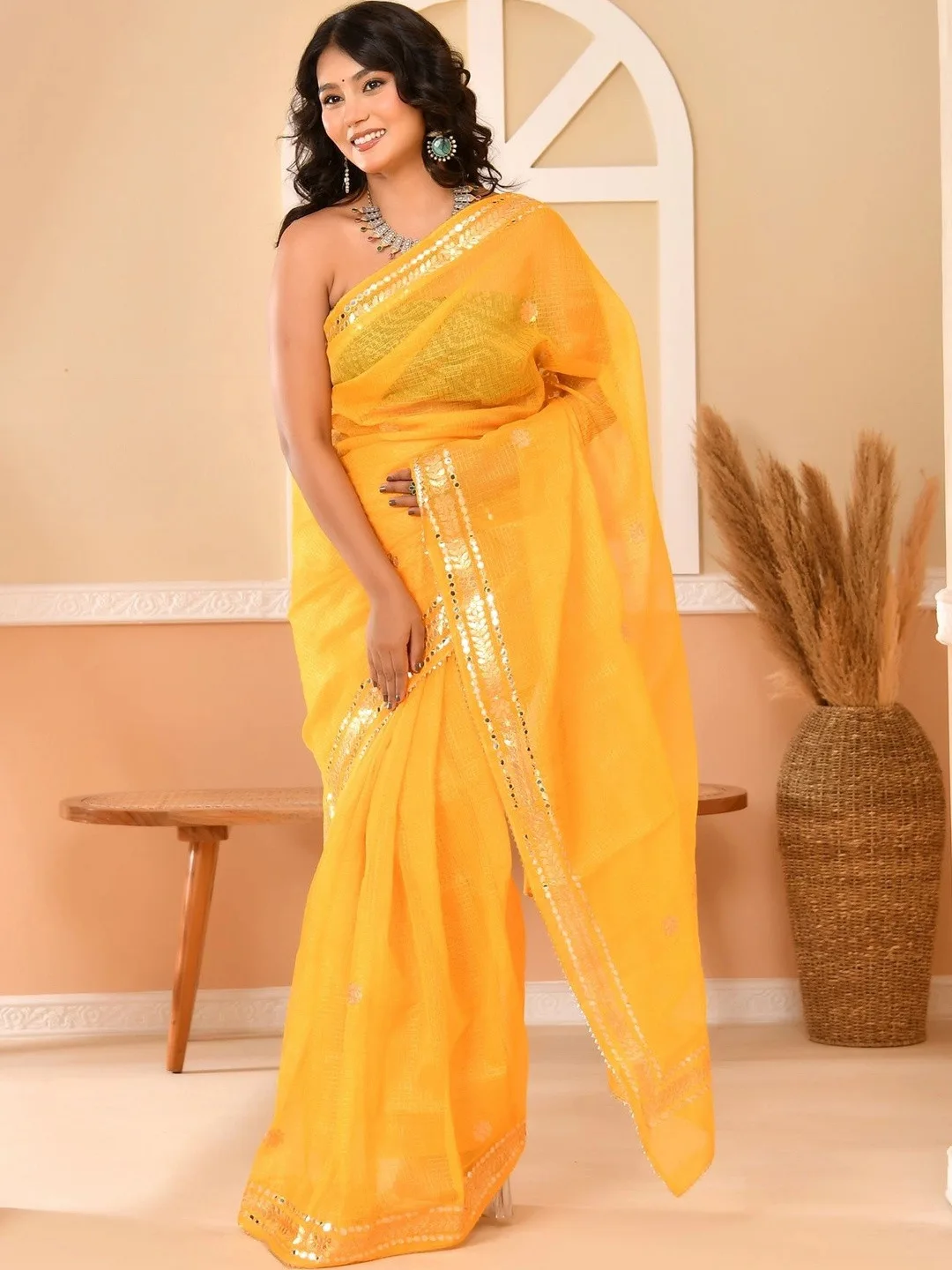 Yellow Kota Doria Gota Patti Saree
