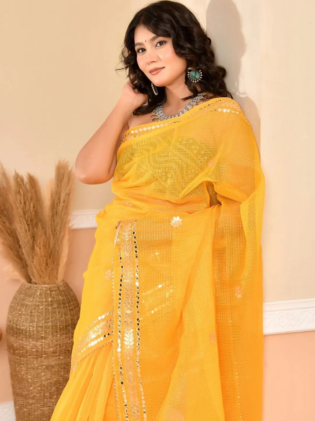 Yellow Kota Doria gota patti saree — side